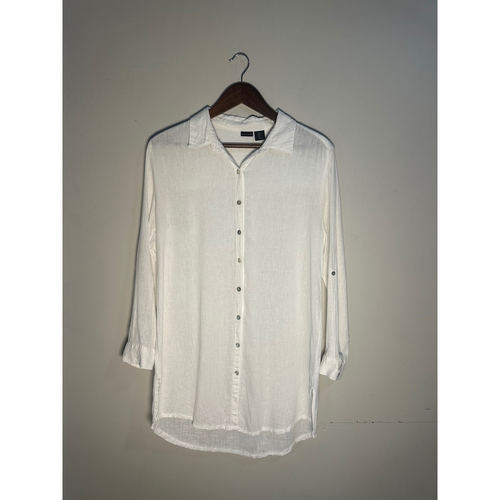 Tahari White Linen Blend Roll Tab Sleeve Button Down Tunic Shirt Coastal M